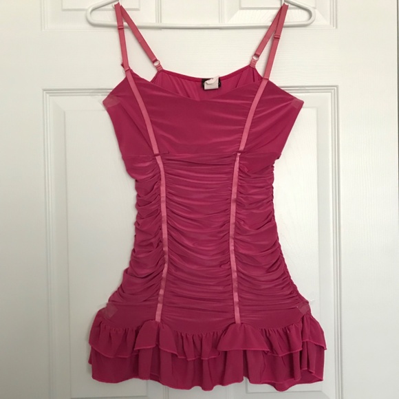 Rare Y2K Seduction Ruched Spaghetti Strap Top S Fit Ruffle Hem Magenta Pink - Picture 3 of 14